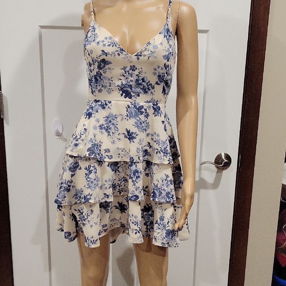 Lovely Day Blue Floral Cream Mini Dress